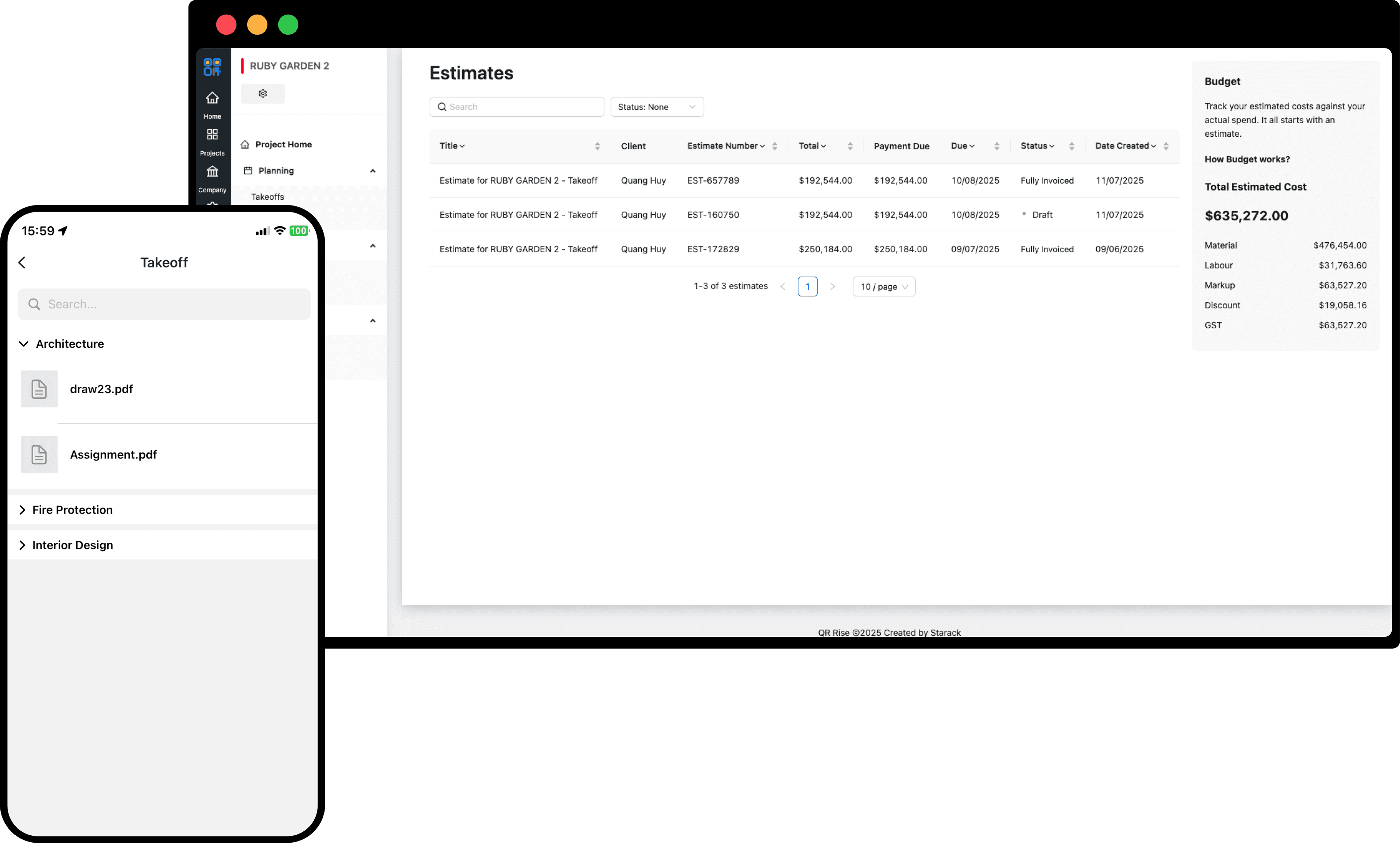QRRise estimate on desktop and takeoff on a phone