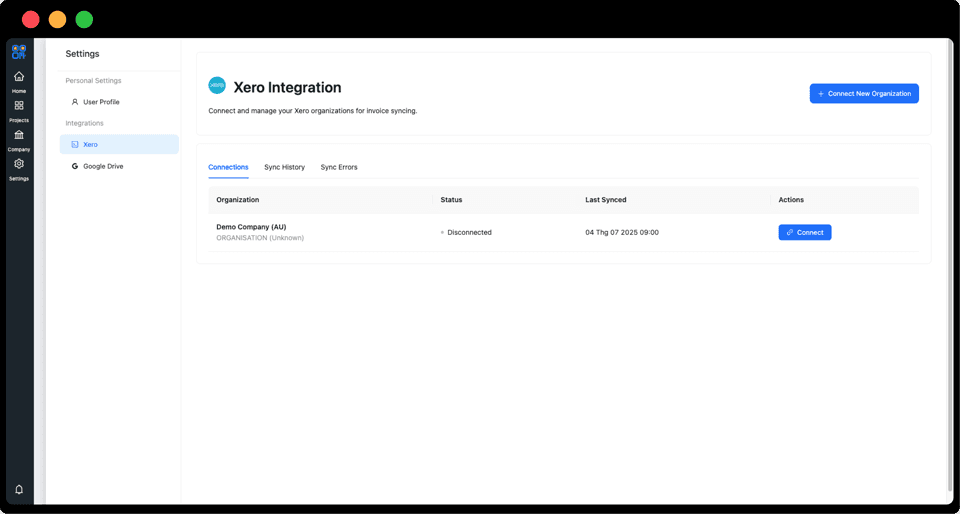 Xero connected so invoices sync without retyping