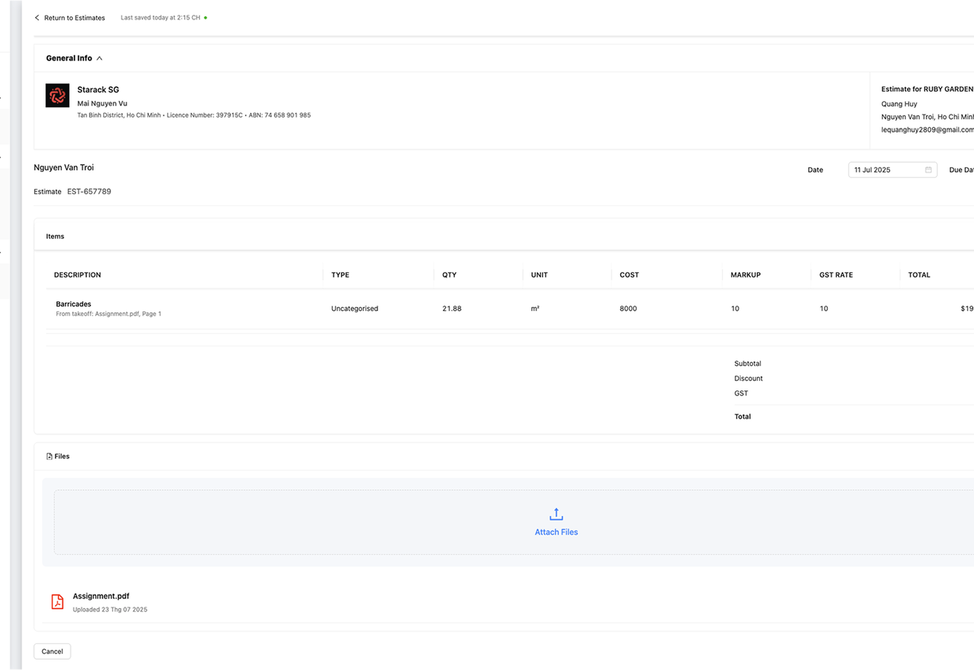 Priced estimate with line items, markup, GST and total