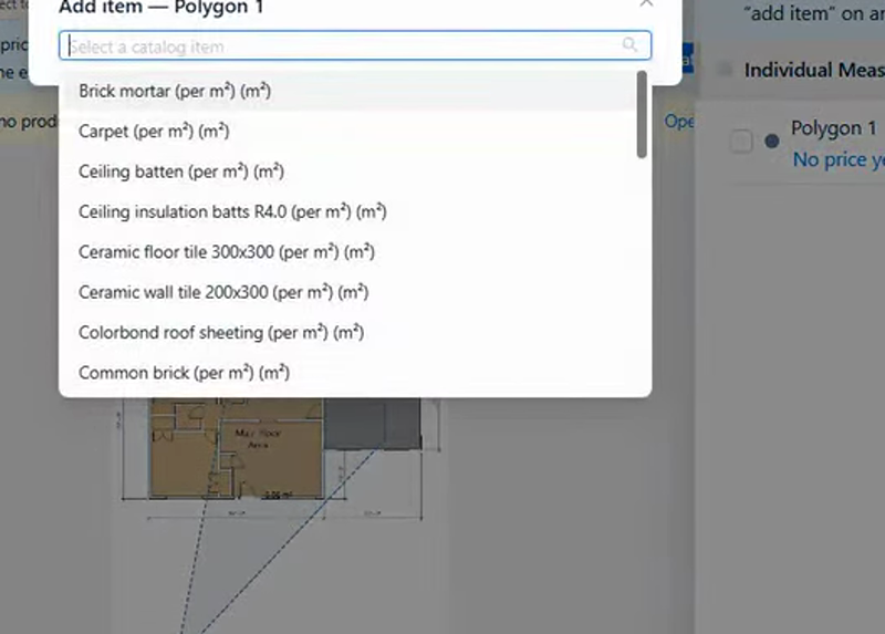 Measure a room on the plan and pick a catalog item to price it